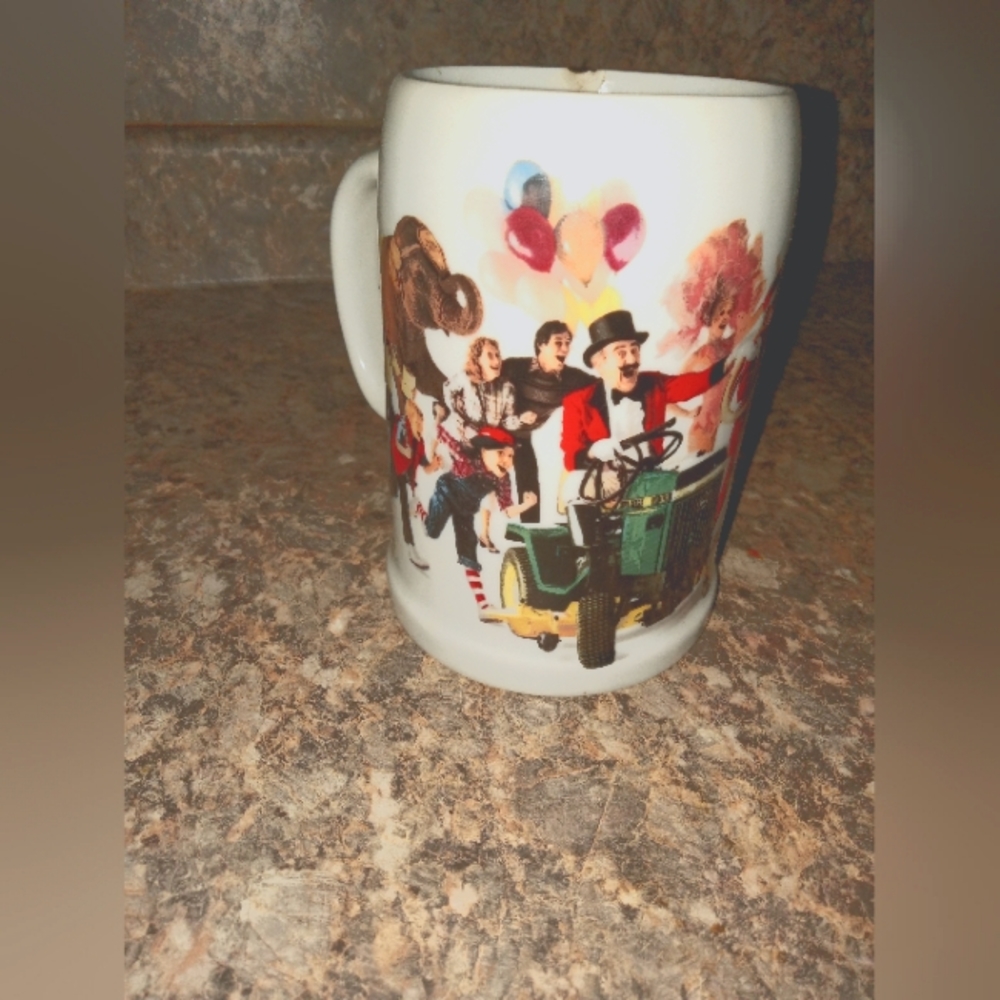 Vintage 1983 John Deere Tractor Clown Circus Parade Mug STEIN White 5"